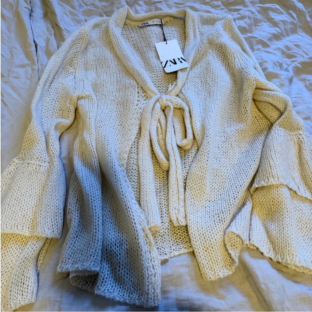 Zara Cream Knit Cardigan with Tie-Front - Picture 3 of 5